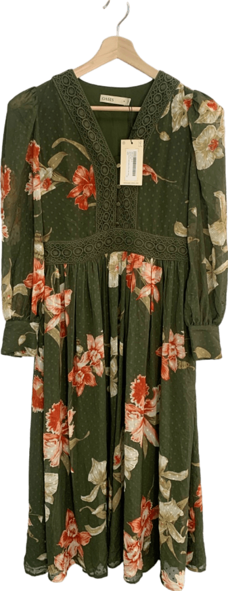Oasis Khaki Floral Printed Ossby Chiffon Midi Dress UK 10 - Reliked