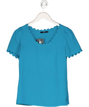 Oasis Steal Blue Scallop Detail Short Sleeve Top UK 8