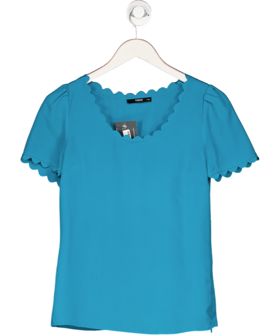 Oasis Steal Blue Scallop Detail Short Sleeve Top UK 8 - Reliked