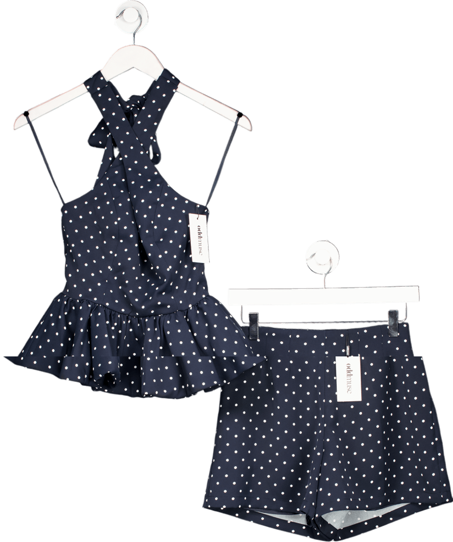 Oddmuse Blue Polka Dot Peplum Top And Shorts UK XS - Reliked