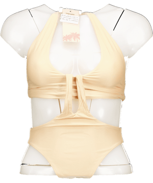 Oh Polly Beige Cut-out Halterneck Swimsuit UK XS