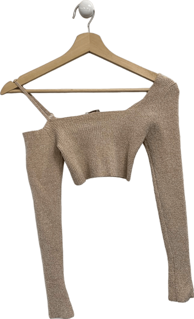 Oh Polly Beige Ribbed Off - Shoulder Crop Top UK S - Reliked
