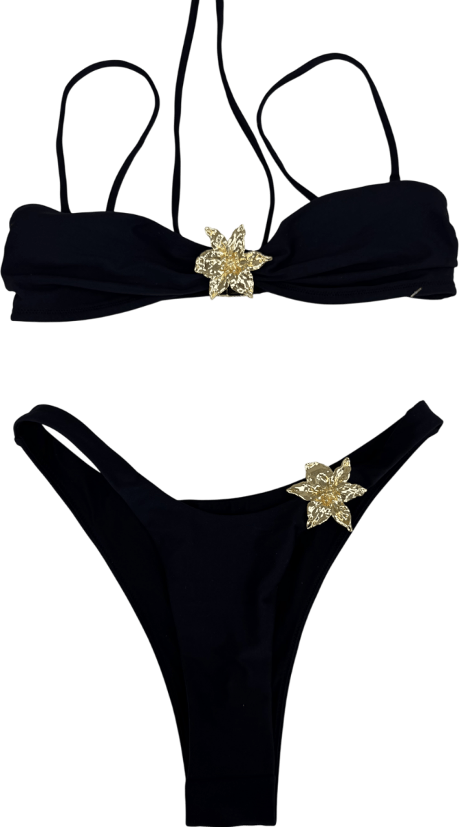 Oh Polly Black 2 - piece Hardware - detail Halterneck Cheeky Bikini Set UK XS - Reliked