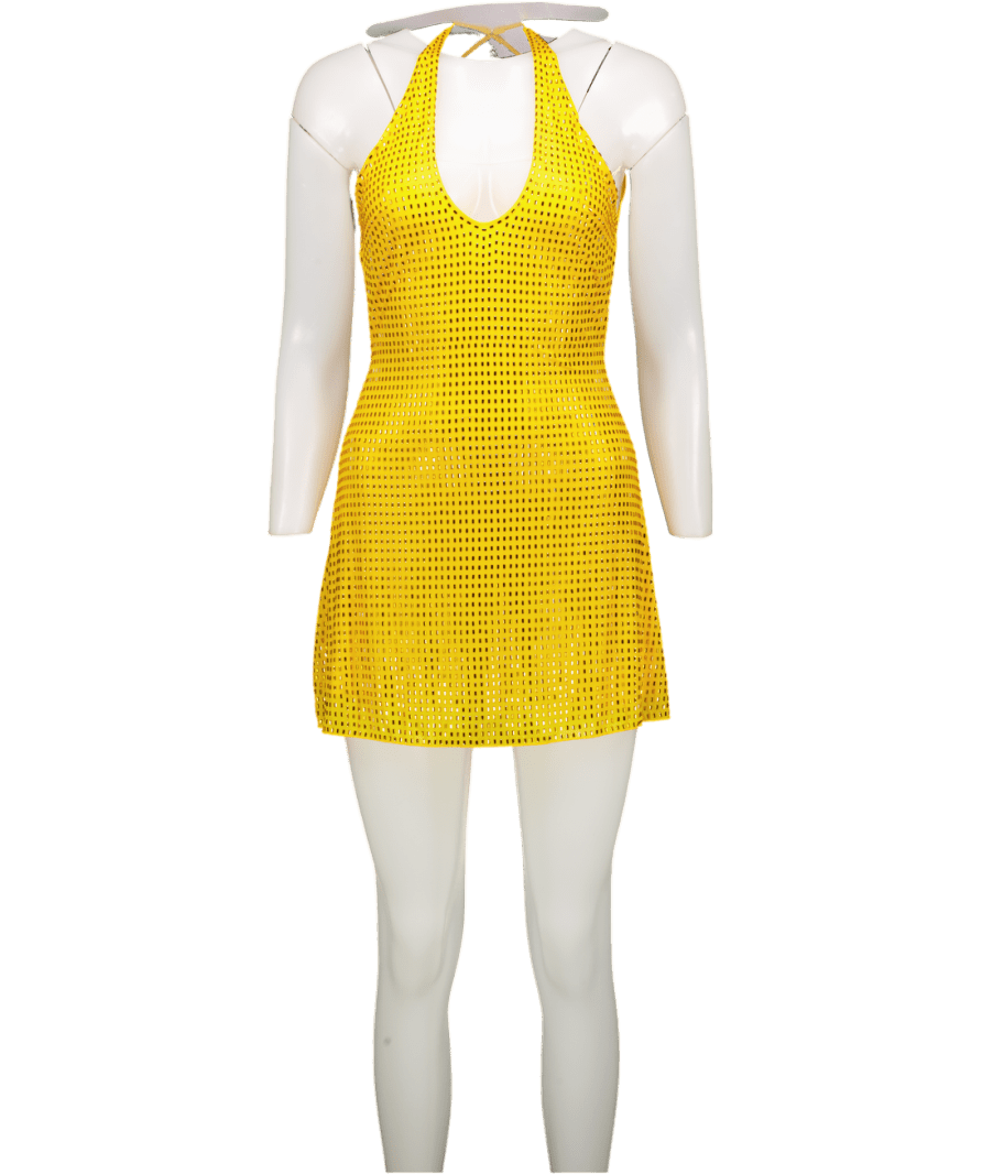 Oh Polly Elodora Embellished Halterneck Mini Dress In Buttercup Yellow UK 6 - Reliked