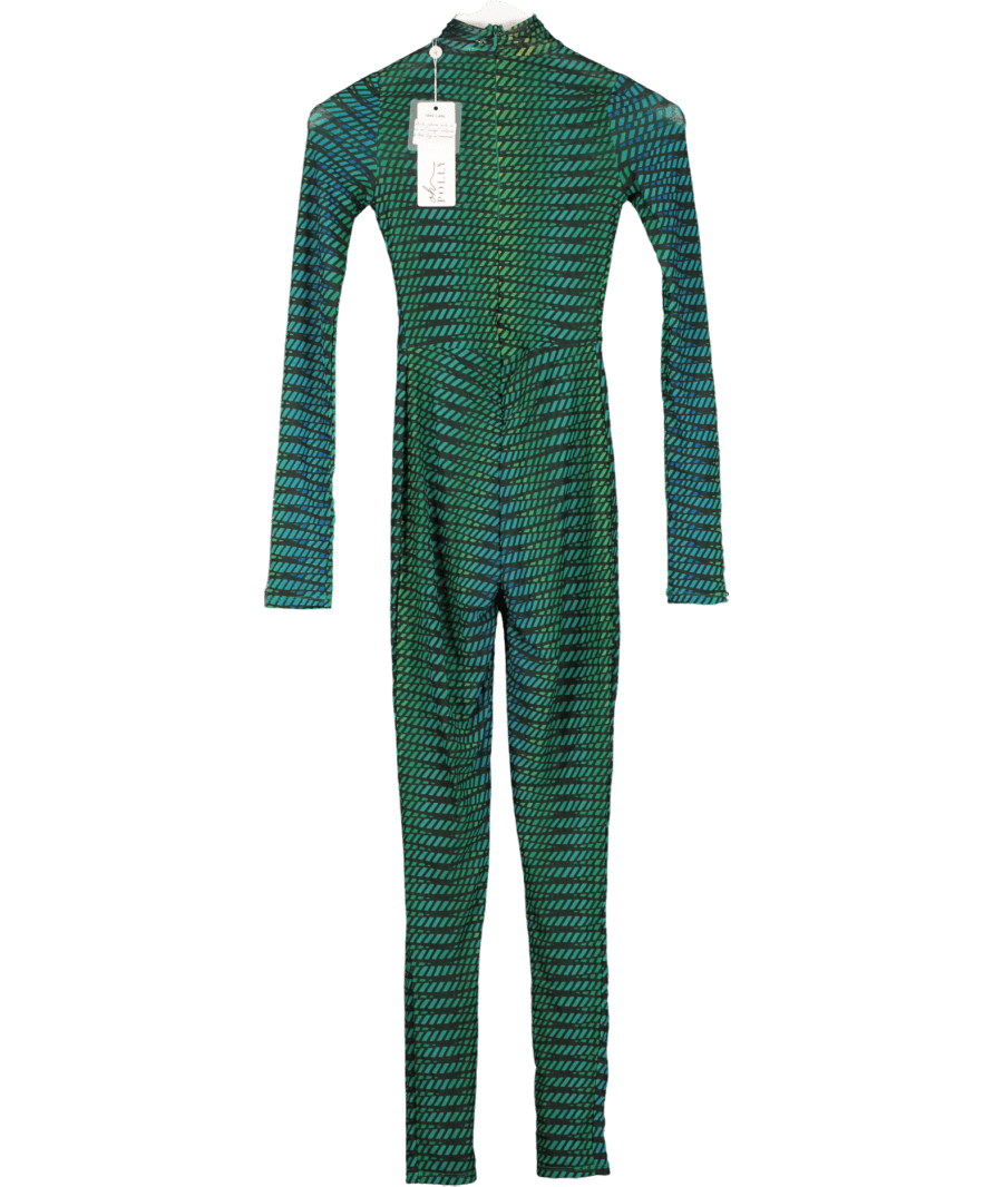 Oh Polly Green Striped Print High Neck Mesh Jumpsuit UK 4 - Reliked