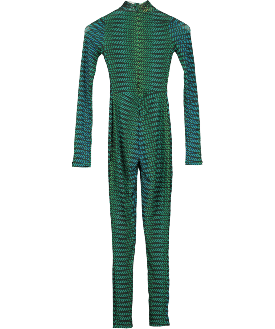 Oh Polly Green Striped Print High Neck Mesh Jumpsuit UK 4 - Reliked