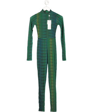 Oh Polly Green Striped Print High Neck Mesh Jumpsuit UK 4
