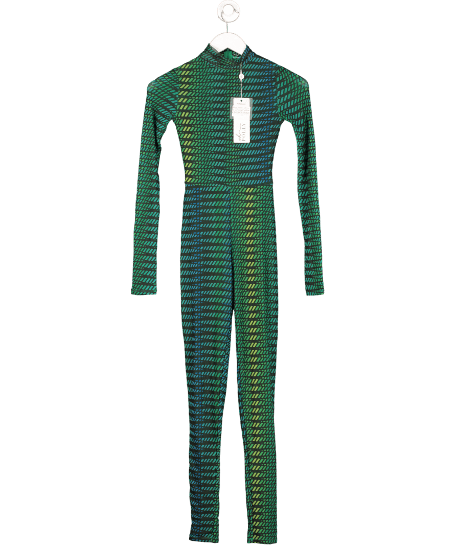 Oh Polly Green Striped Print High Neck Mesh Jumpsuit UK 4 - Reliked