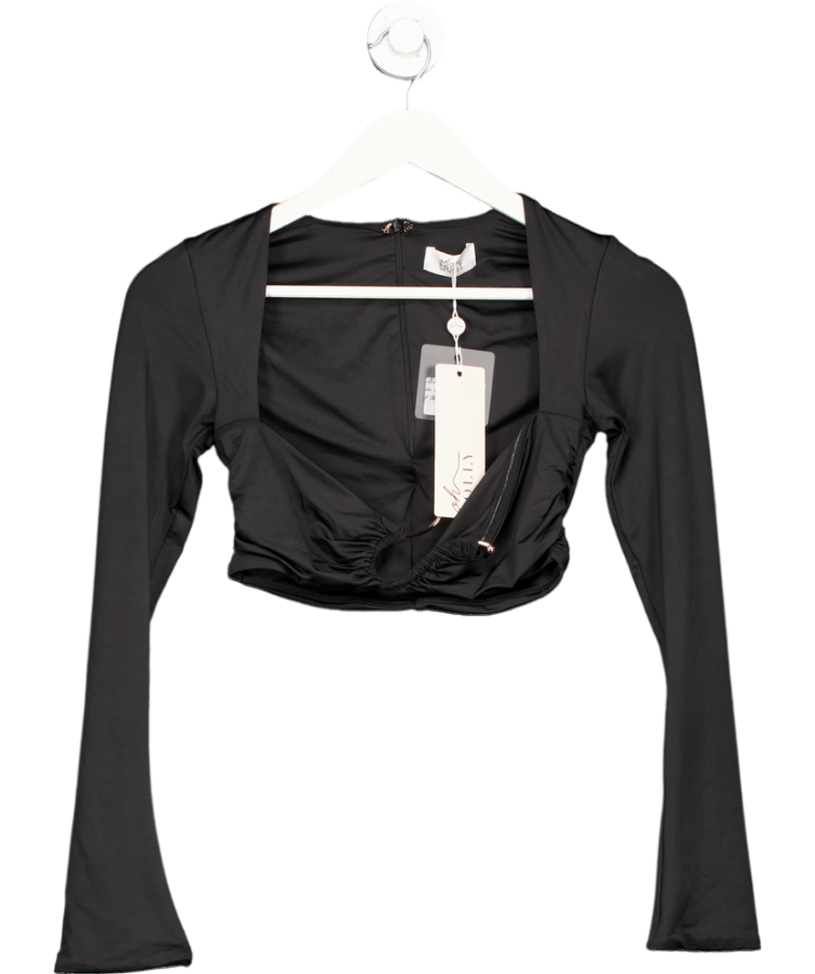 Oh Polly Maeva Long Sleeve Ruched Crop Top In Black UK 10 - Reliked