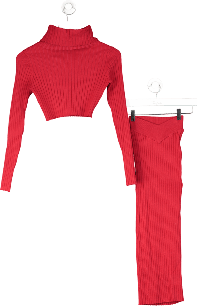 Oh Polly Red Ribbed Top And Midi Skirt Set UK XS - Reliked