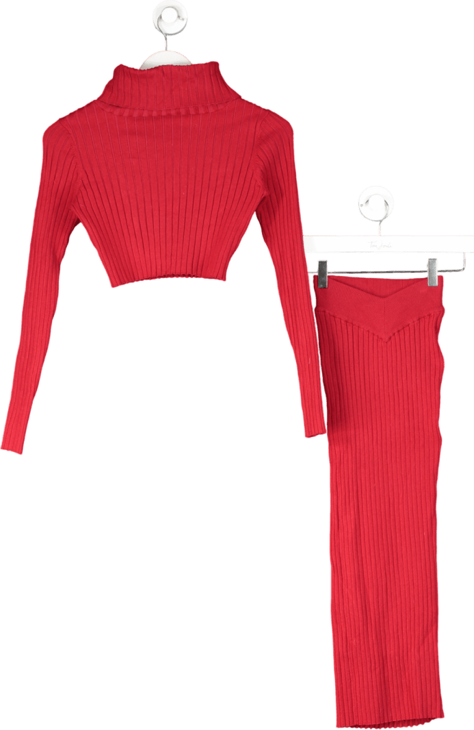 Oh Polly Red Ribbed Top And Midi Skirt Set UK XS - Reliked