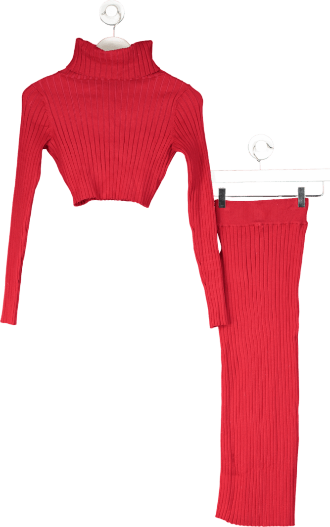 Oh Polly Red Ribbed Top And Midi Skirt Set UK XS - Reliked