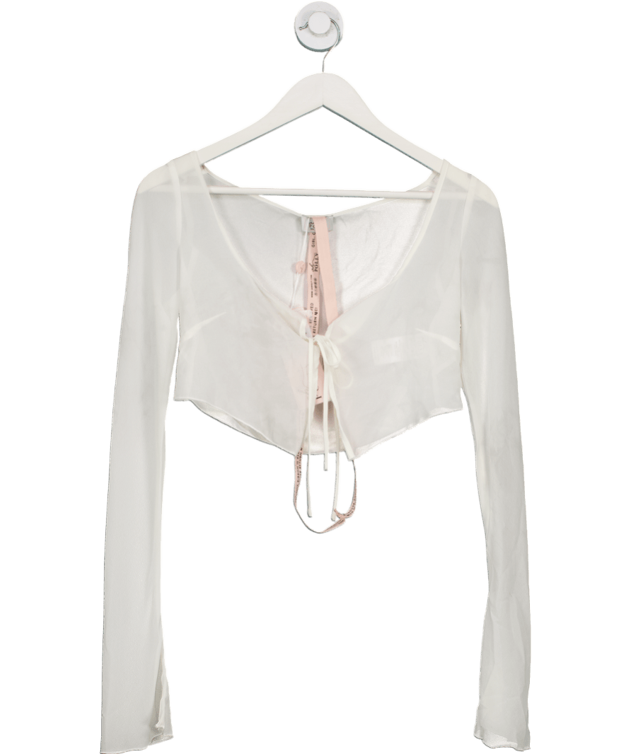 Oh Polly White Long Sleeve Ruched Bralette Top With Sheer UK 8 - Reliked