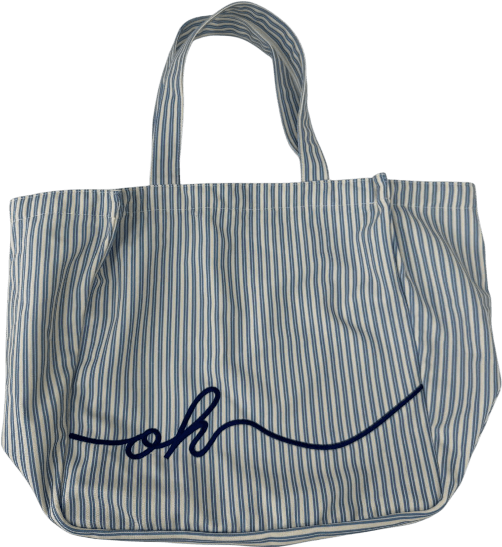 Oh Polly White Oversized Canvas Tote Bag In Teal Blue Double Stripe - Reliked