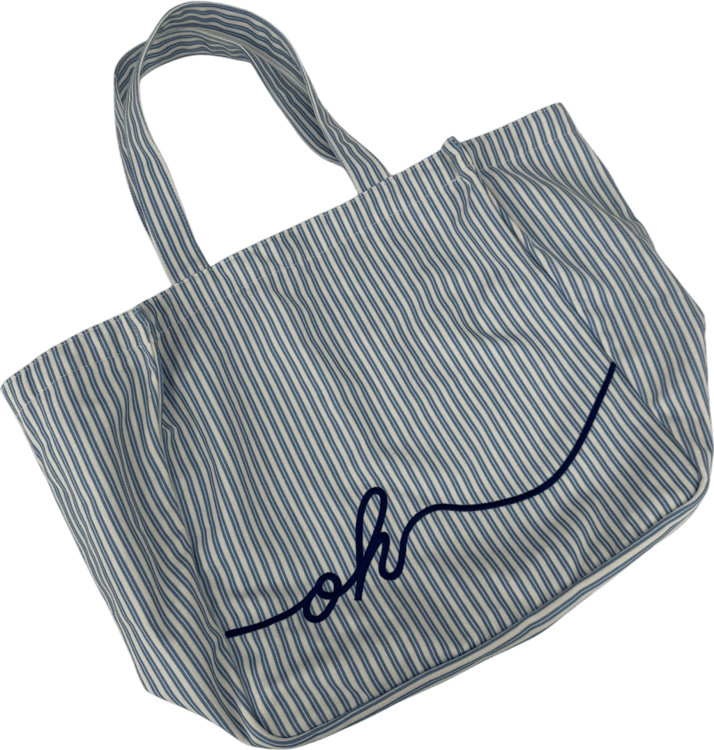Oh Polly White Oversized Canvas Tote Bag In Teal Blue Double Stripe - Reliked