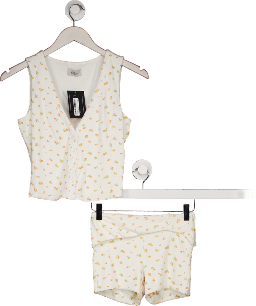 Oh Polly White Ribbed Button Up Vest Top And Shorts Set UK XS - Reliked