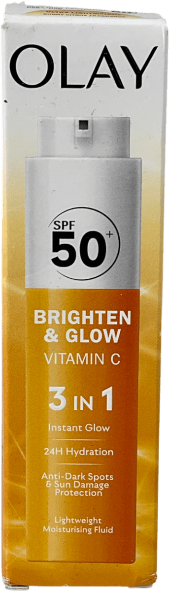 olay Vitamin C Brighten & Glow 3in1 Moisturiser Face Fluid Spf50+ Hydrating Primer 50ml - Reliked
