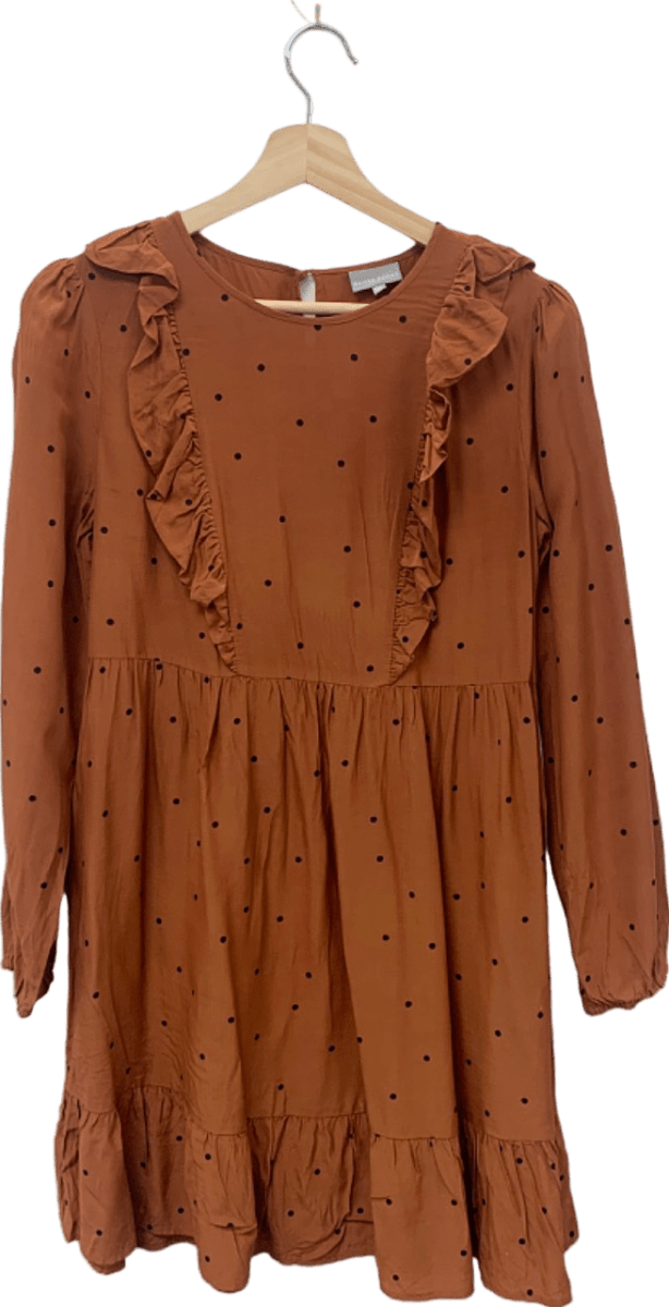 Oliver Bonas Brown Polka Dot Long Sleeve Ruffle Dress UK 8 - Reliked