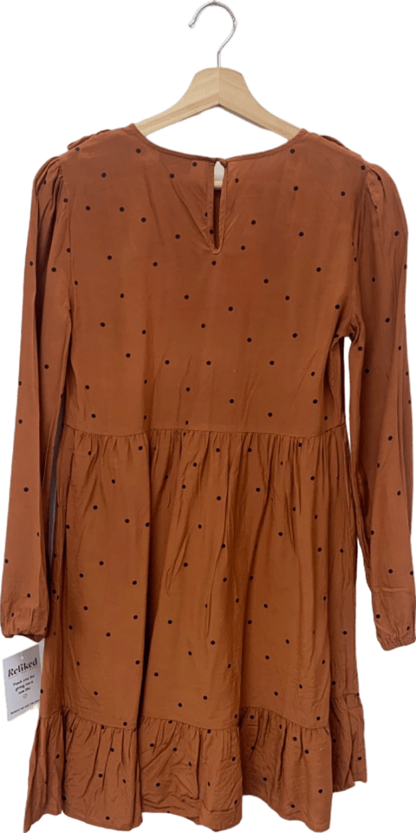 Oliver Bonas Brown Polka Dot Long Sleeve Ruffle Dress UK 8 - Reliked