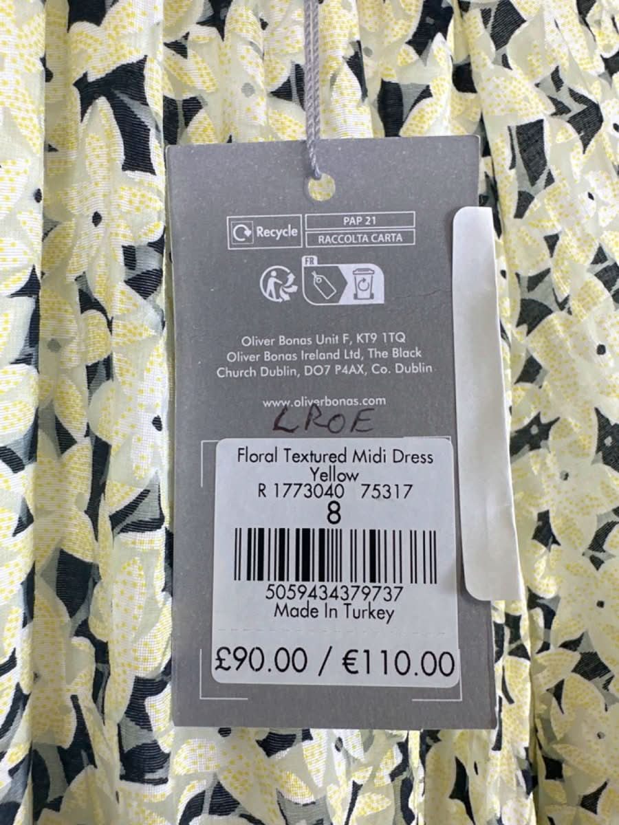 Oliver Bonas Yellow Floral Textured Midi Dress UK 8 - Reliked