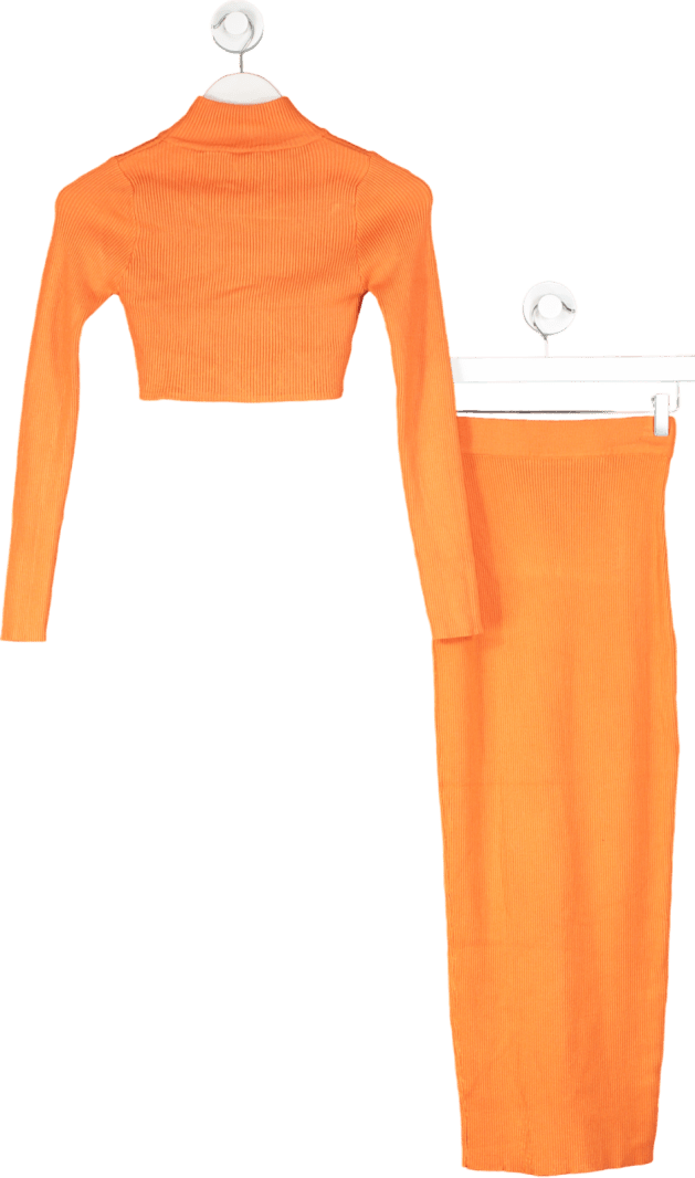 Orange High Neck Crop Top And Midi Skirt Set UK XS - Reliked