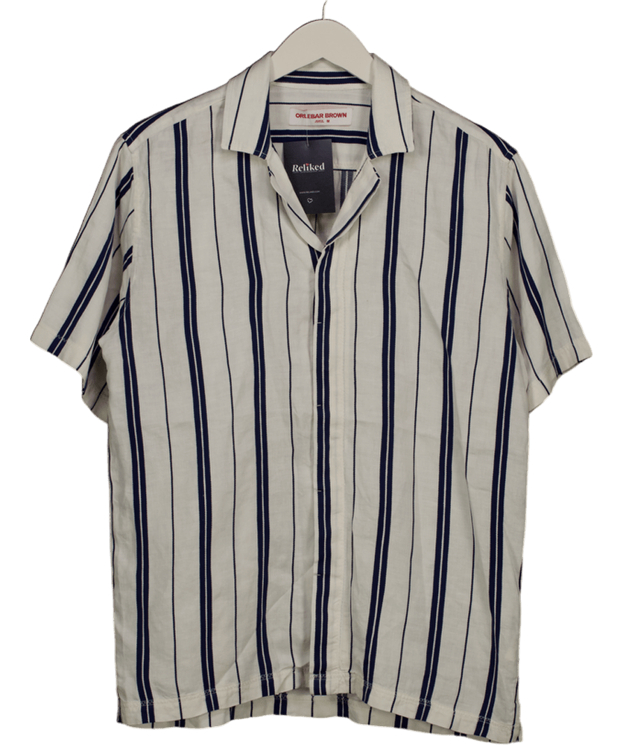 Orlebar Brown White Azul Blue/cashew Stripe Relaxed Fit Capri Collar Linen - cotton Shirt UK M - Reliked