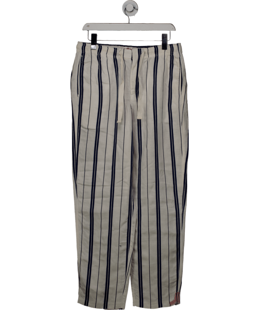 Orlebar Brown White Azul Blue/cashew Stripe Relaxed Fit Linen - cotton Drawcord Trousers W30 - Reliked