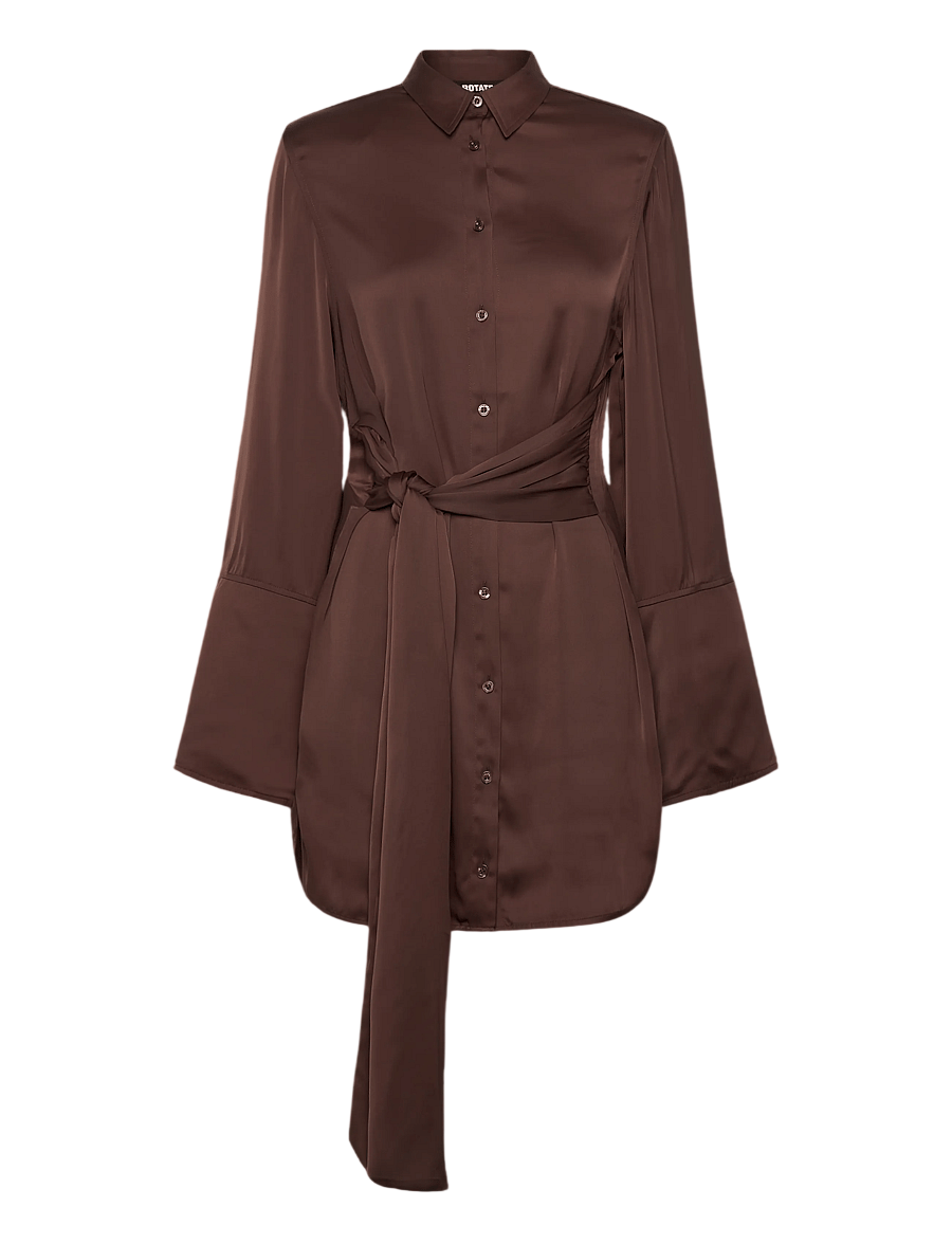 ROTATE Chocolate Brown Satin Tie Shirt Dress UK 6
