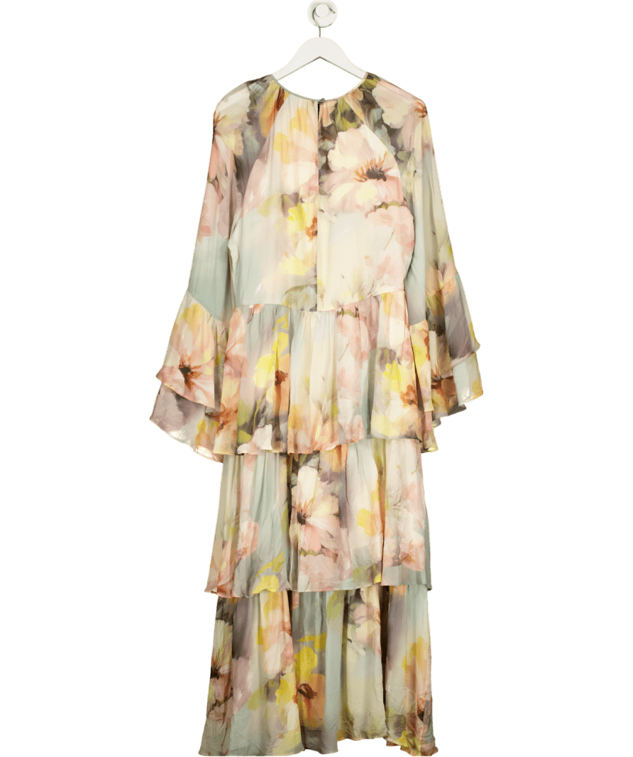 & Other Stories Multicoloured Tiered Maxi Dress With Ruffle Sleeve Detail In Watercolour Floral Print UK S - Reliked