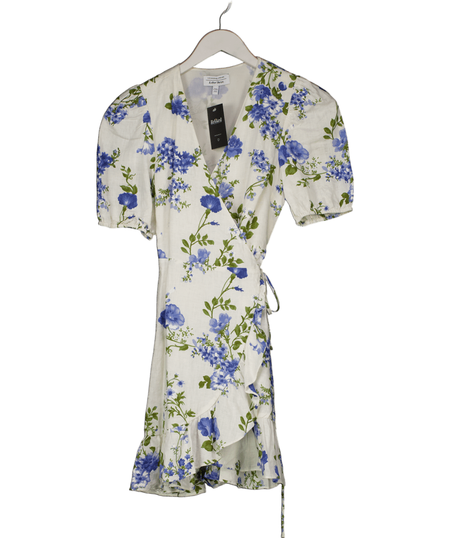 & Other Stories White / Blue Floral Wrap Linen Mini Dress UK 6 - Reliked