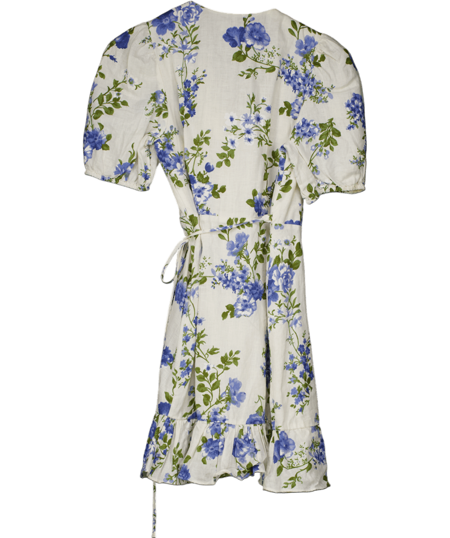 & Other Stories White / Blue Floral Wrap Linen Mini Dress UK 6 - Reliked