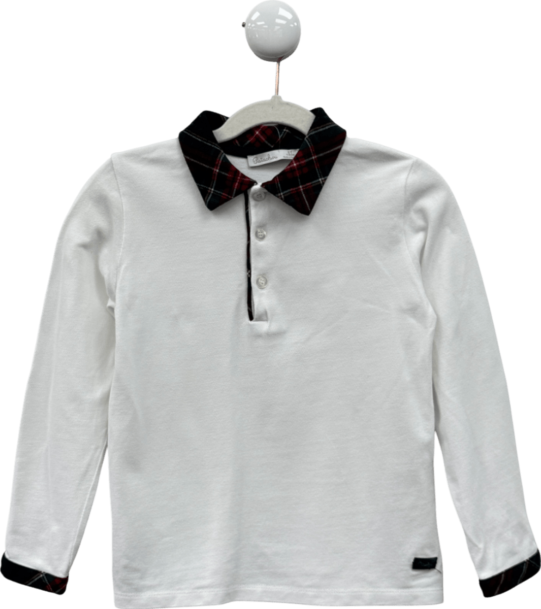 Patachou White Tartan Collar Long Sleeve Polo Shirt 6 Years - Reliked