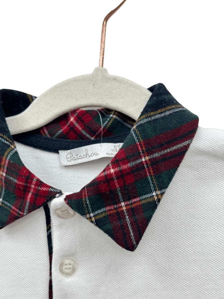 Patachou White Tartan Collar Long Sleeve Polo Shirt 6 Years - Reliked