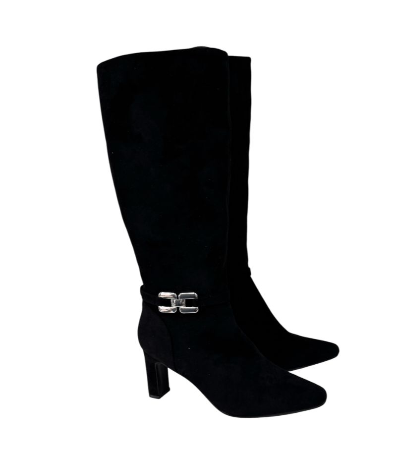 Pavers Black Faux Suede Knee High Boots With Silver Buckle Detail UK 7 EU 40 👠 - Reliked