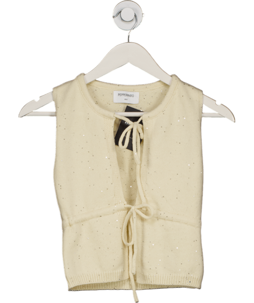 PEPPERMAYO Cream Sequin Tie Front Knit Top UK XS/S - Reliked