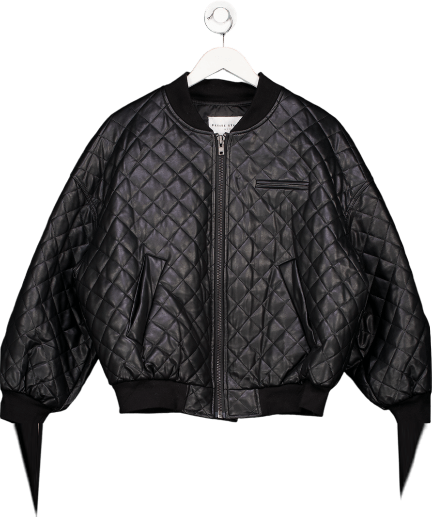 Petite Studio NYC Black Quilted Faux Leather Bomber Jacket UK S - Reliked