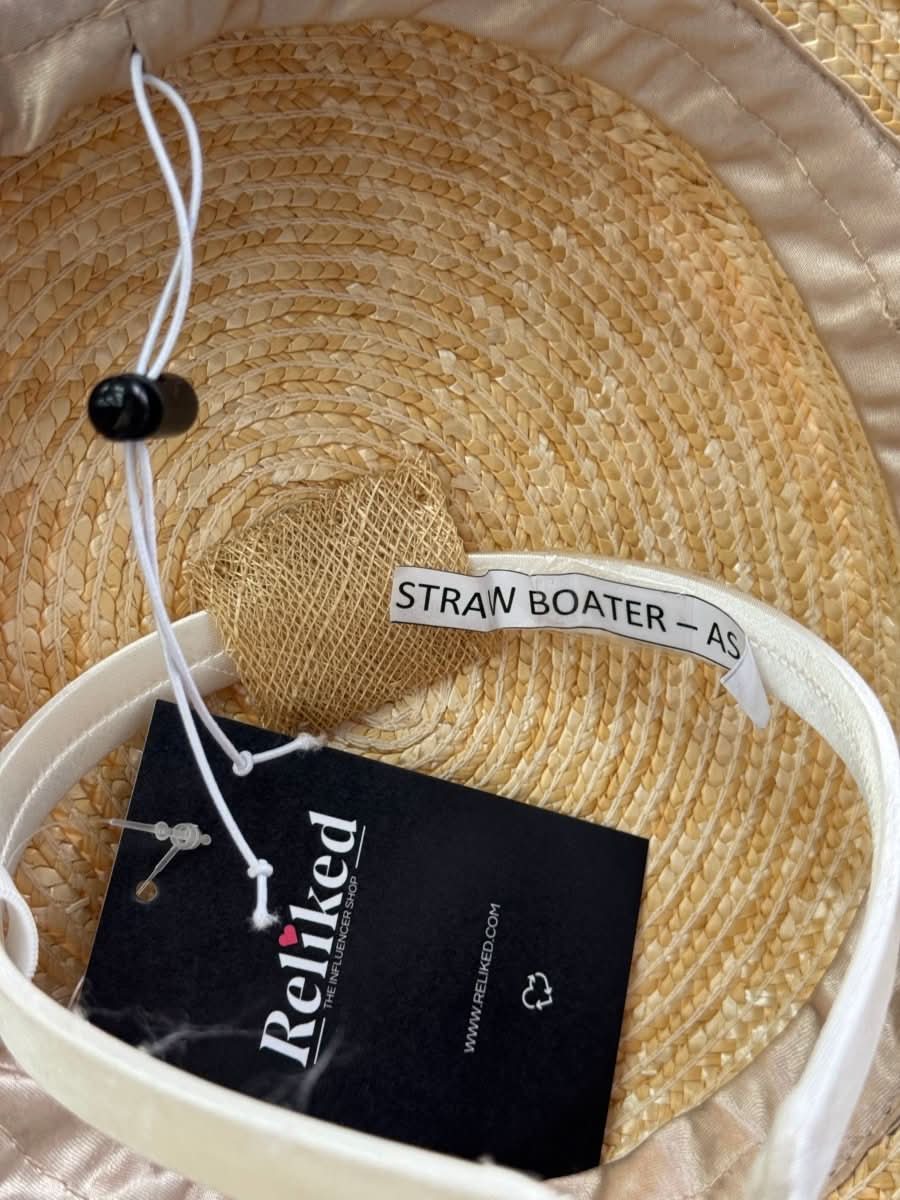 Phase Eight Beige Straw Boater Hat / Fascinator with bow On Headband - Reliked