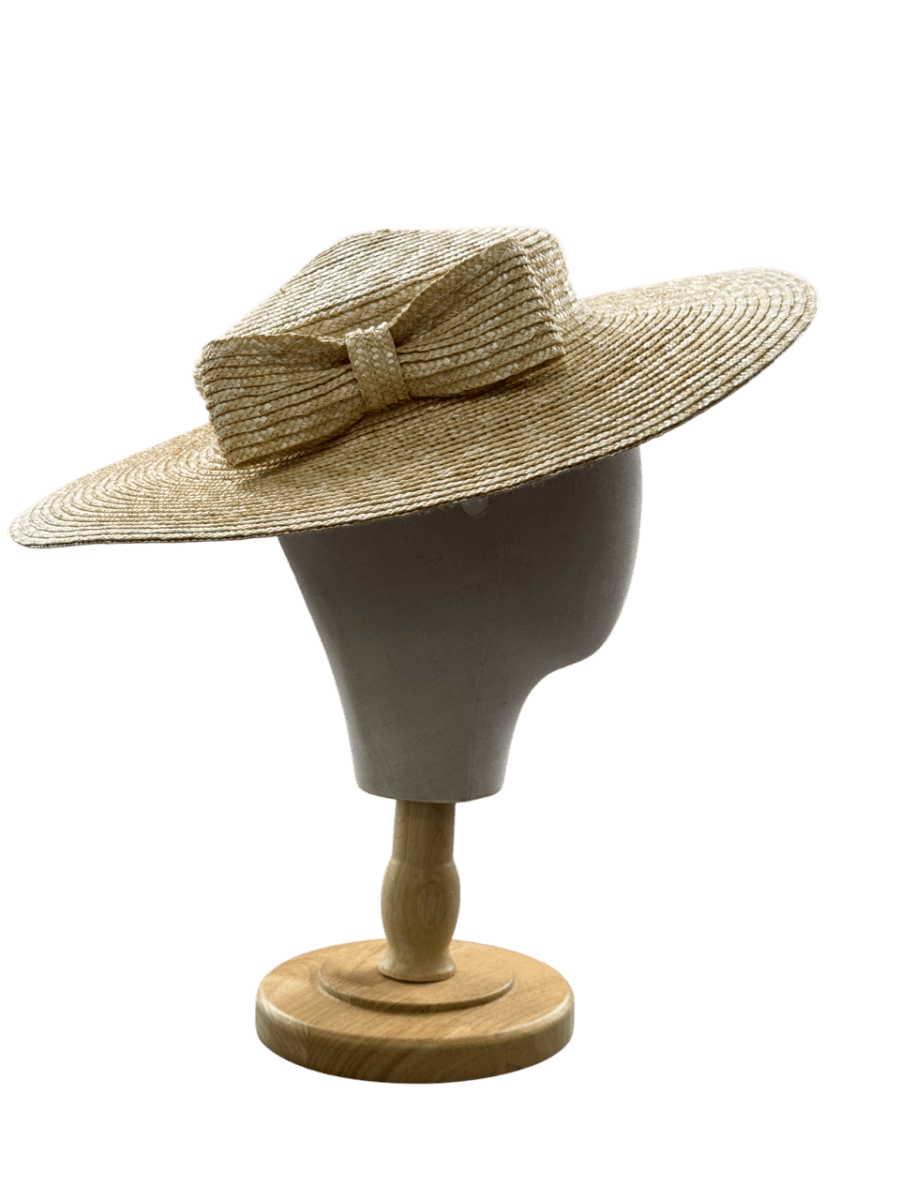 Phase Eight Beige Straw Boater Hat / Fascinator with bow On Headband - Reliked