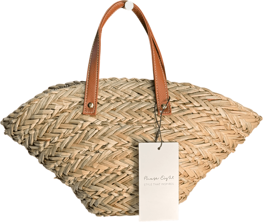 Phase Eight Brown Mini Straw Tote Bag With Tan Leather Straps - Reliked