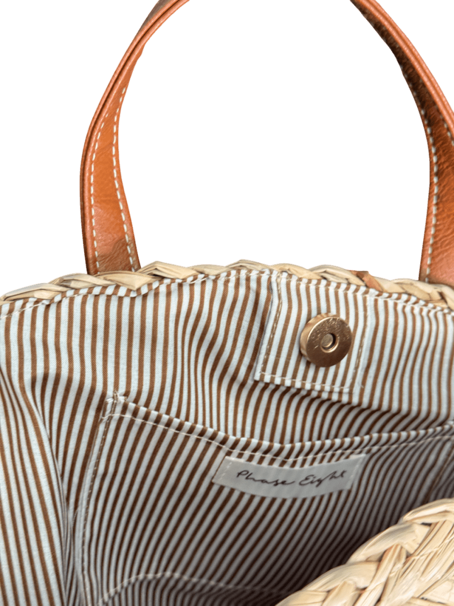Phase Eight Brown Mini Straw Tote Bag With Tan Leather Straps - Reliked