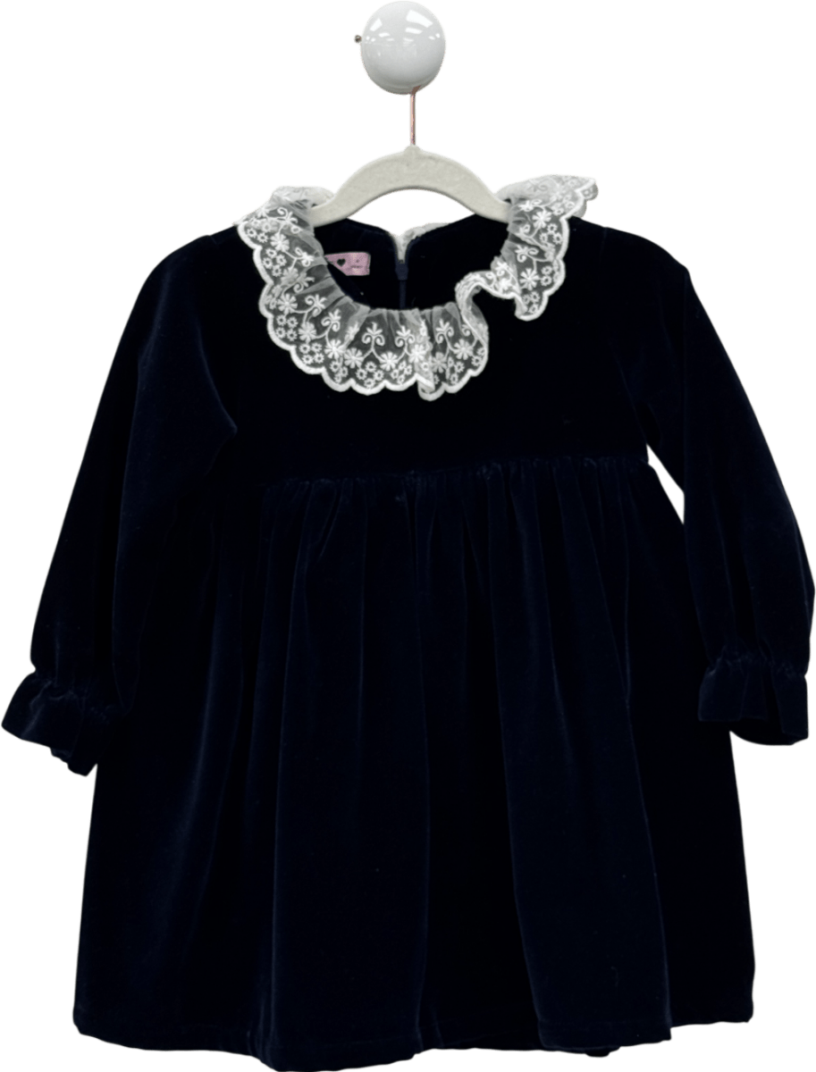 PHI CLOTHING Navy Blue Velvet Dress With Lace Collar 4 Years - Reliked