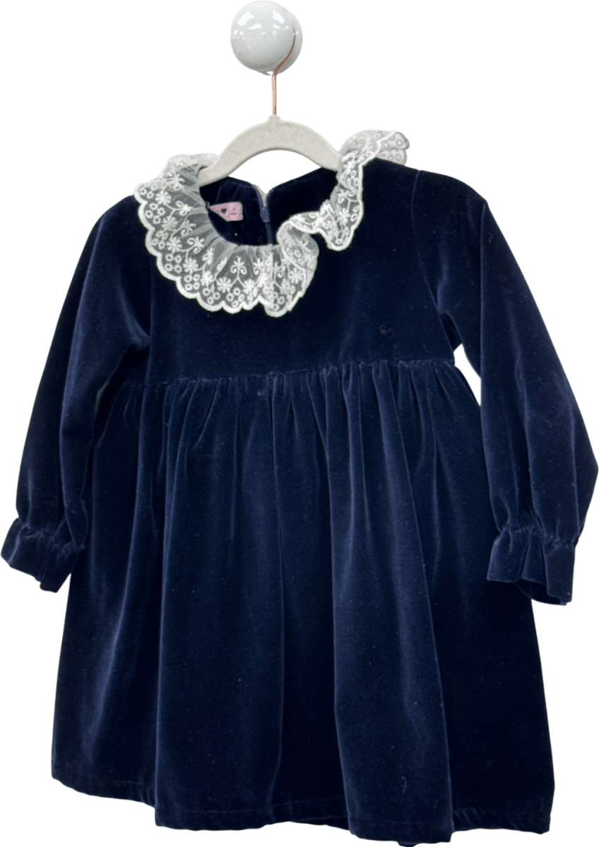PHI CLOTHING Navy Blue Velvet Dress With Lace Collar 4 Years - Reliked