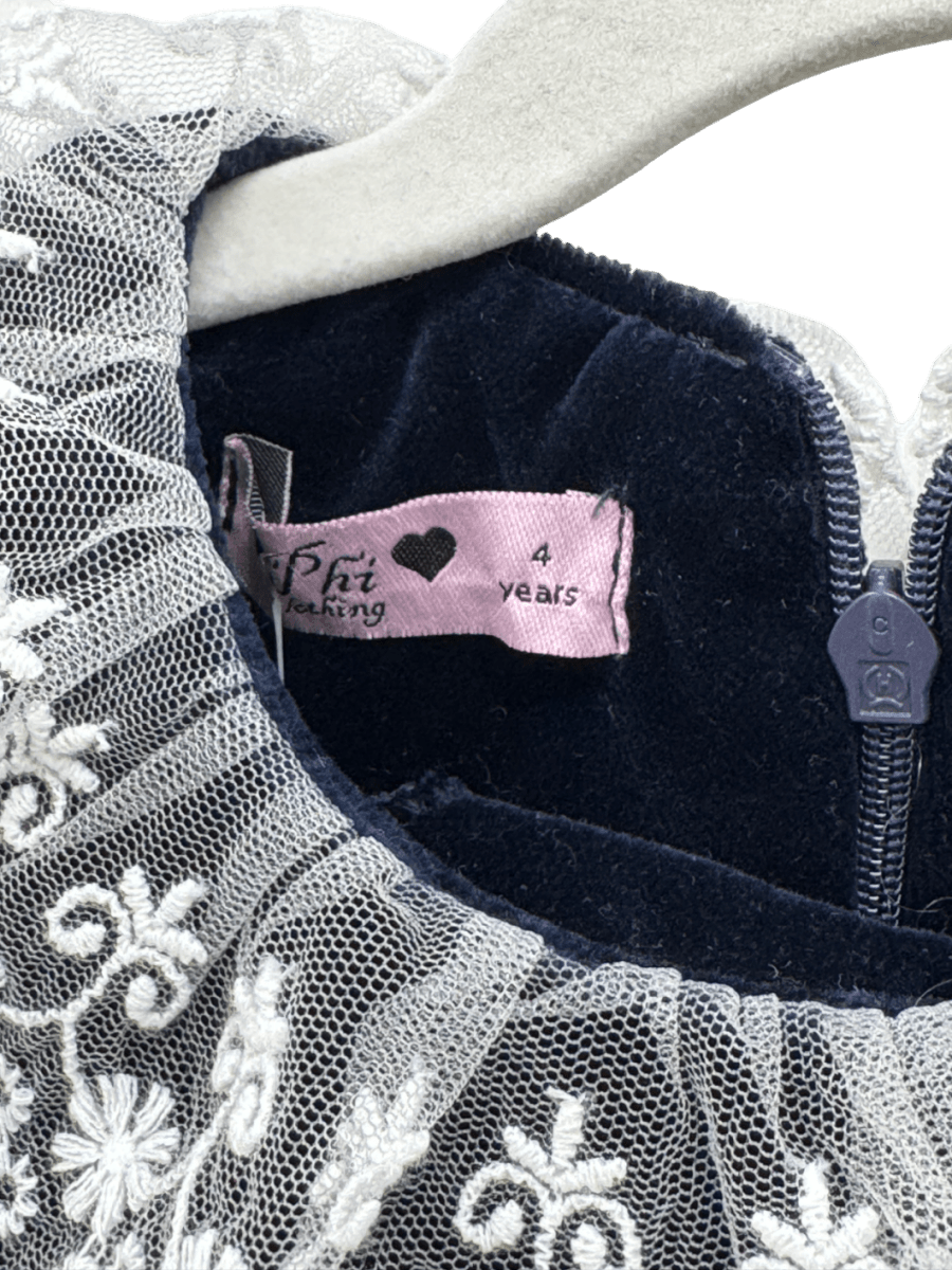 PHI CLOTHING Navy Blue Velvet Dress With Lace Collar 4 Years - Reliked