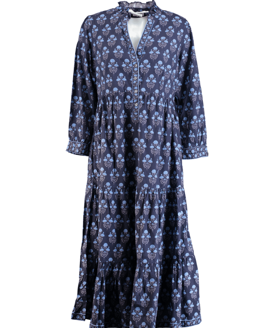 Pink City Prints Blue Floral Print Organic Cotton Midi Dress UK L - Reliked