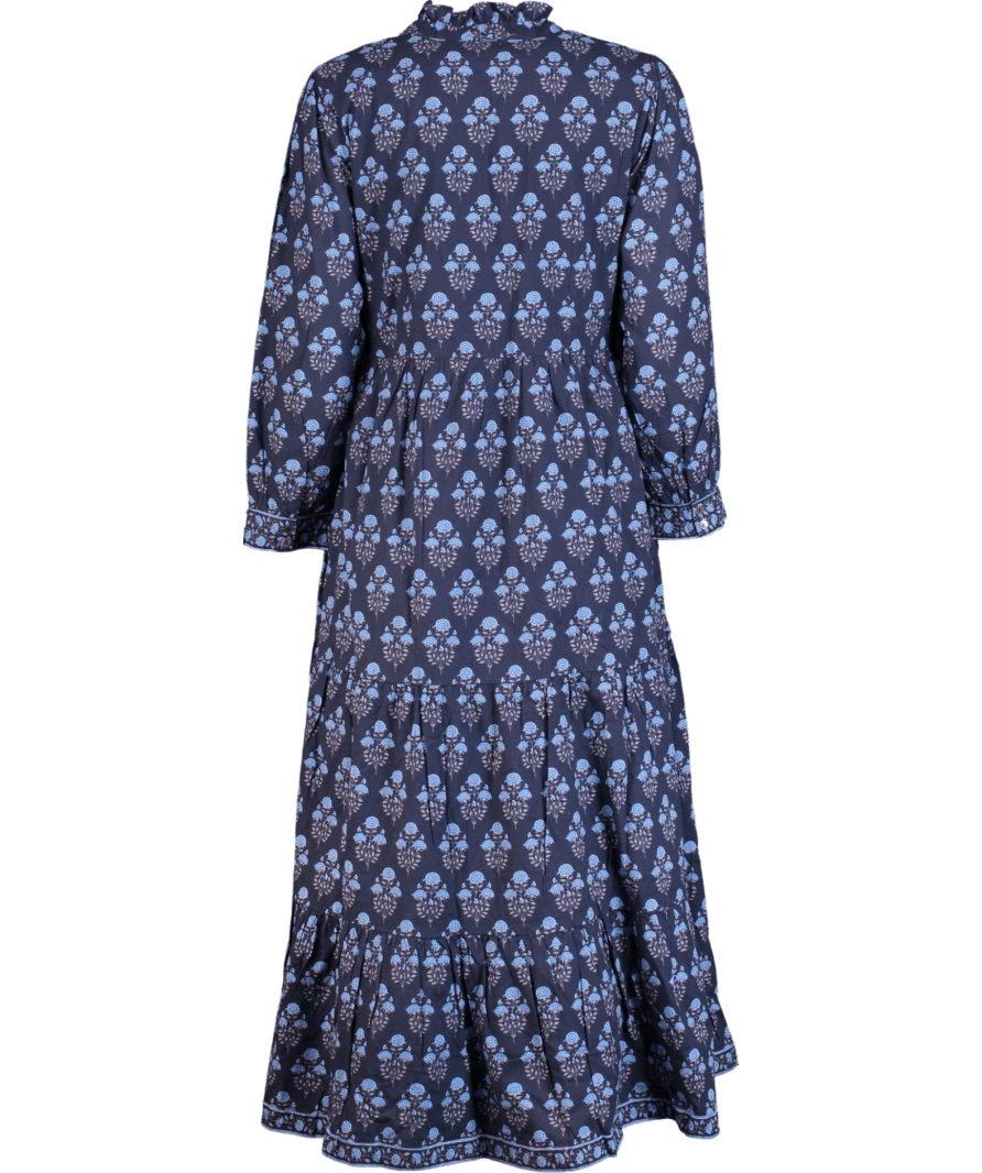 Pink City Prints Blue Floral Print Organic Cotton Midi Dress UK L - Reliked