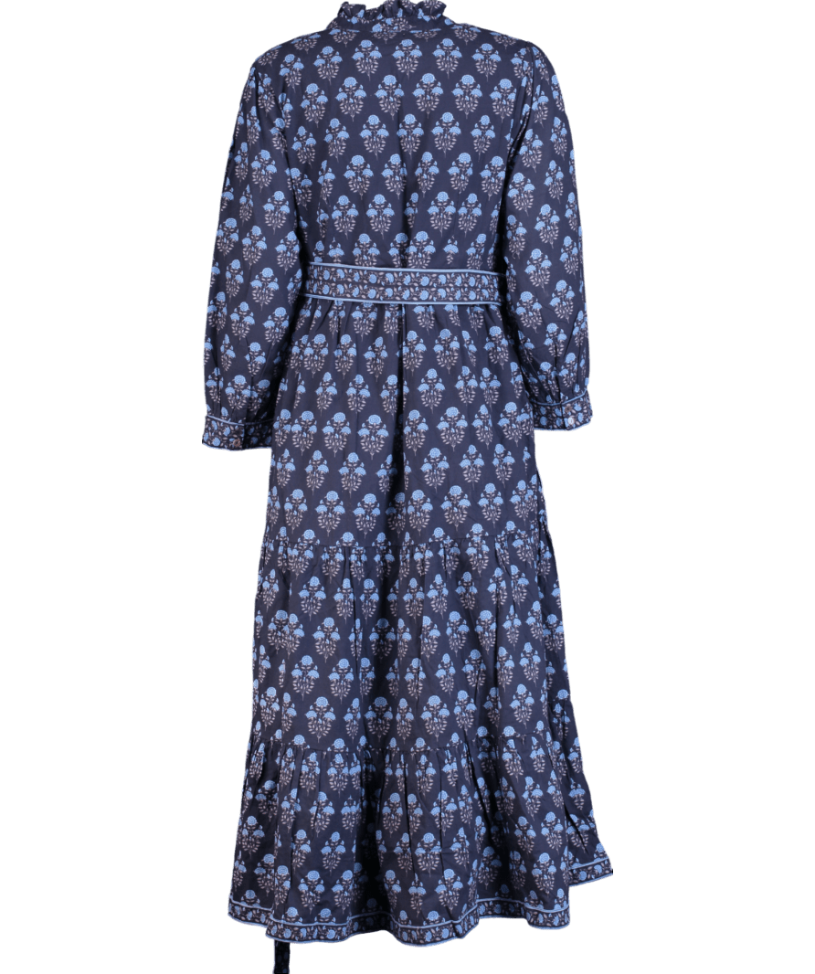 Pink City Prints Blue Floral Print Organic Cotton Midi Dress UK L - Reliked