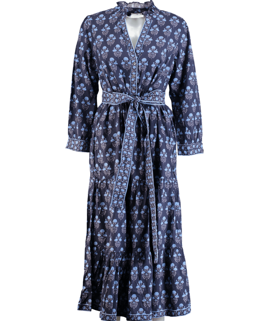 Pink City Prints Blue Floral Print Organic Cotton Midi Dress UK L - Reliked