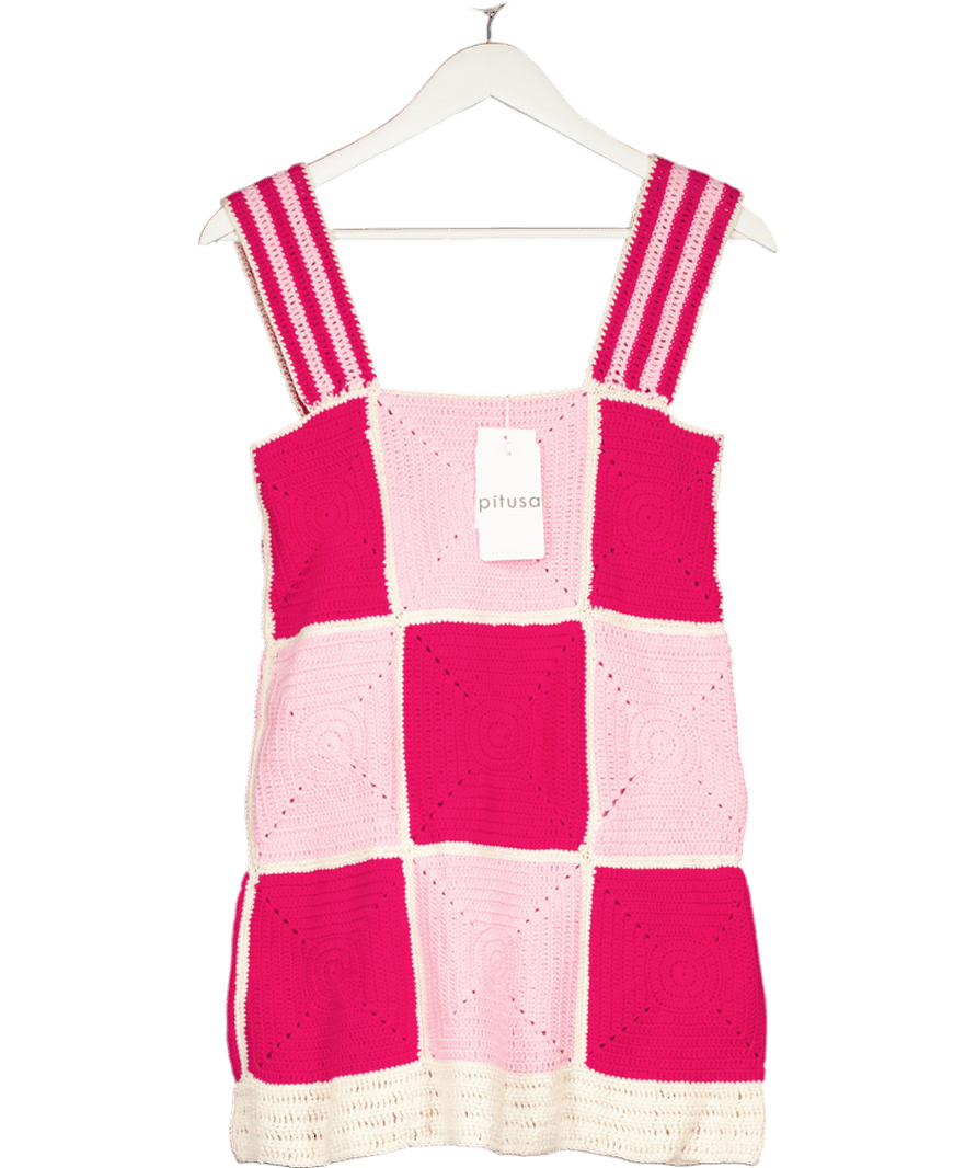 Pitusa Pink Petite Crochet Checkered Lightweight Mini Dress UK XS/S - Reliked