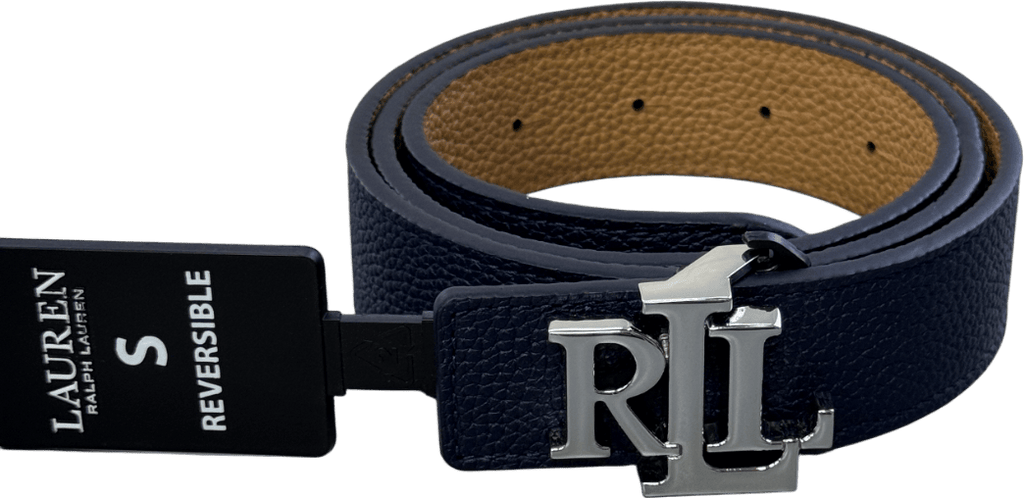 Polo Ralph Lauren Brown / Navy Blue Reversible Leather Logo Belt With Silver Hardware. UK S - Reliked