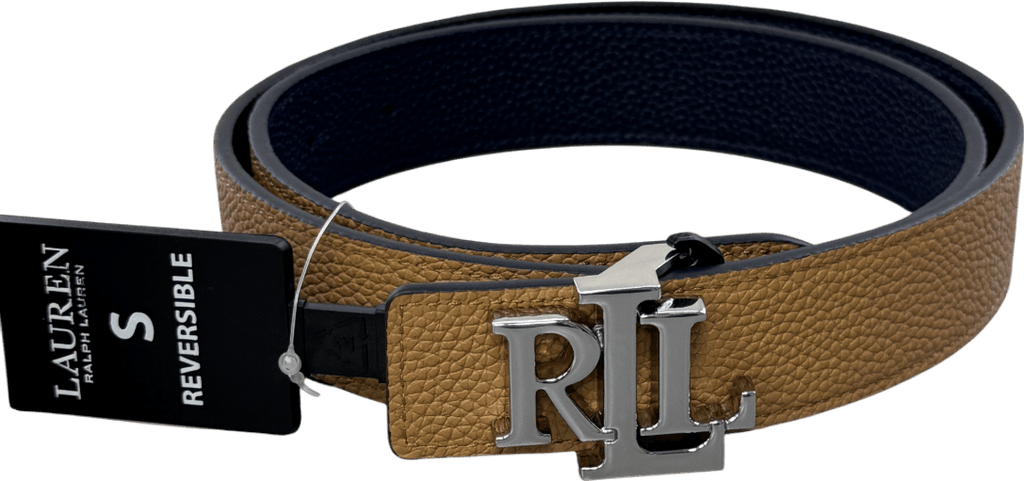 Polo Ralph Lauren Brown / Navy Blue Reversible Leather Logo Belt With Silver Hardware. UK S - Reliked